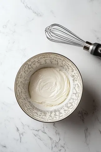 A mixing bowl on a white marble surface with heavy cream being whipped into stiff peaks, alongside an electric mixer with a whisk attachment.