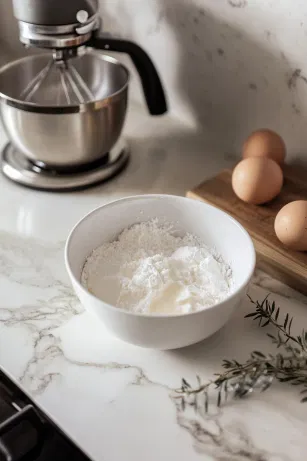 A mixing bowl on the white marble cooktop containing egg whites and a pinch of salt, with a handheld mixer whipping them to form stiff, glossy peaks. Sugar is being gradually added to create a thick meringue texture.