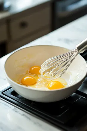 A mixing bowl on the white marble cooktop is shown as egg yolks and sugar are whisked together, forming a pale, glossy mixture.