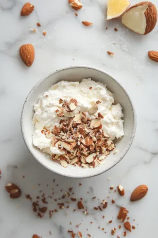 A mixing bowl on a white marble surface with ricotta, vanilla, and sugar being whisked until smooth, surrounded by ingredients like a bag of sugar and a vanilla pod.