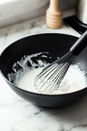 A black mixing bowl on a white marble cooktop with egg whites being whisked to stiff peaks using a black-handled whisk. The glossy mixture clings to the whisk.