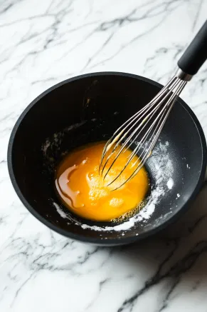 A black mixing bowl on the white marble cooktop where whole eggs, egg yolks, and golden caster sugar are being whisked to a pale, fluffy mixture, forming ribbon trails.