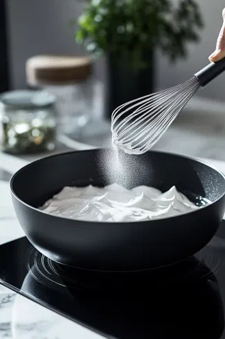 The heated meringue mixture being whisked to thick, fluffy peaks in the black mixing bowl on the white marble cooktop. A fine dusting of icing sugar is added for extra volume.