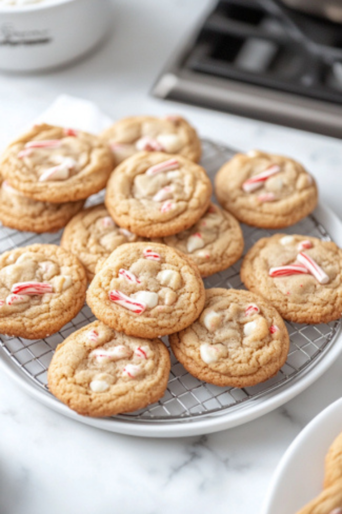 The freshly baked cookies are cooling on a wire rack over the white marble cooktop. Nearby, a plate is stacked with cookies, their peppermint and white chocolate toppings sparkling, ready to be served.