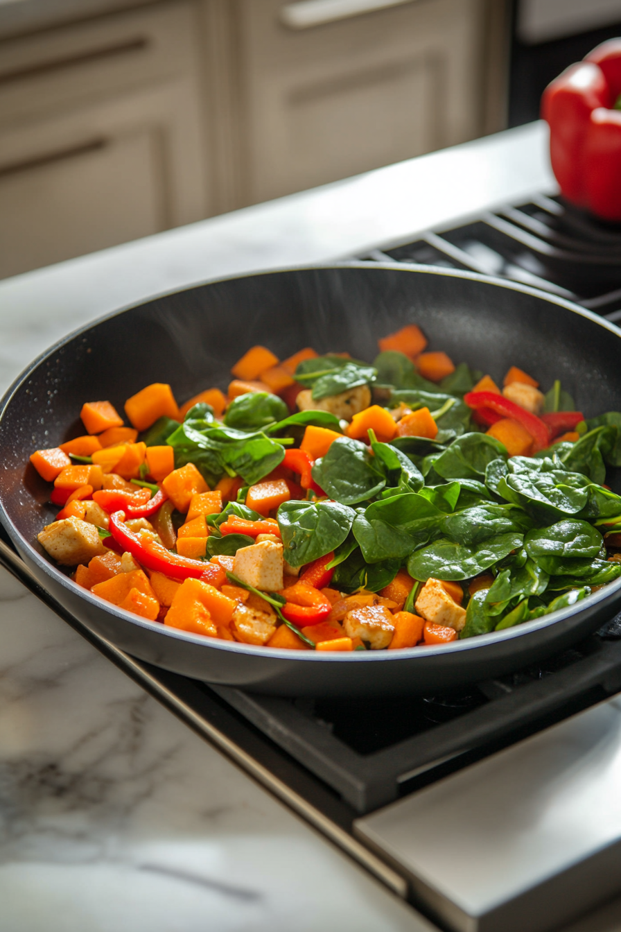 A skillet on a white marble cooktop with fresh spinach added to the sautéed vegetables, wilting and blending into the mixture. The vibrant greens and colorful vegetables stand out against the dark skillet.