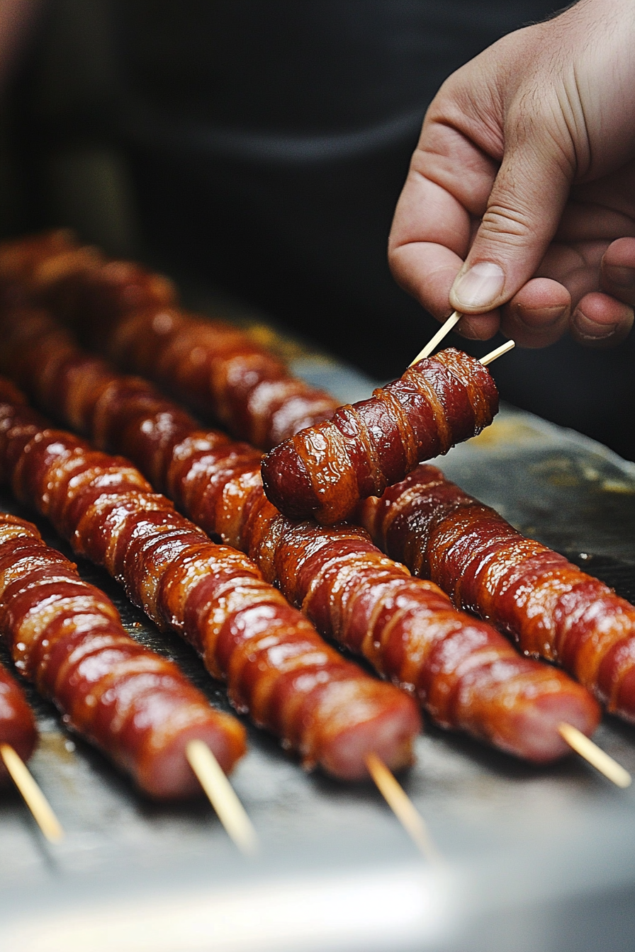 A hand delicately wraps a piece of maple-flavored bacon around a lil smokie and secures it with a toothpick. Several neatly arranged bacon-wrapped smokies sit nearby, ready for the next step.