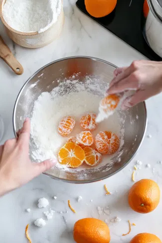 A mixing bowl on a white marble cooktop containing sugar and freshly zested clementine peel, with hands rubbing the zest into the sugar to release fragrant oils.