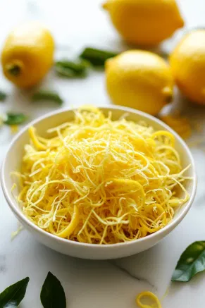 A close-up of lemons with their vibrant yellow zest freshly grated into a small bowl, placed on a pristine white marble cooktop.