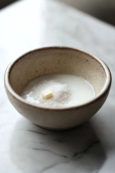 The work bowl of a stand mixer on the white marble cooktop, where warm water and yeast are combined, dissolving the yeast. The mixture is ready for the milk mixture.