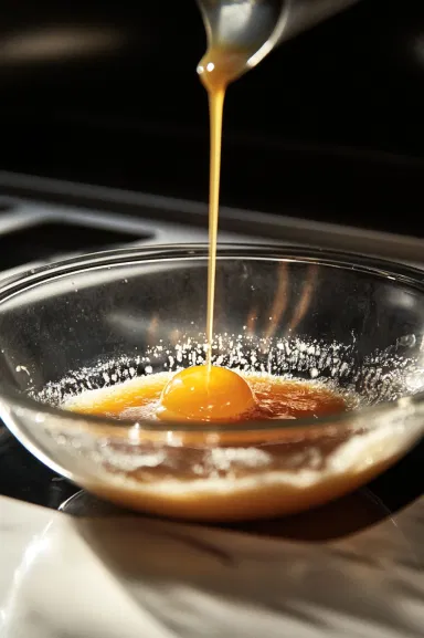 The egg, egg yolk, and vanilla extract being added to the creamed butter and sugar mixture, stirring to combine.