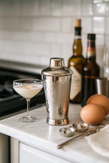 The shaker with ice added on the white marble cooktop as it’s shaken vigorously for about 30 seconds, chilling the mixture. A martini glass stands ready for the final pour