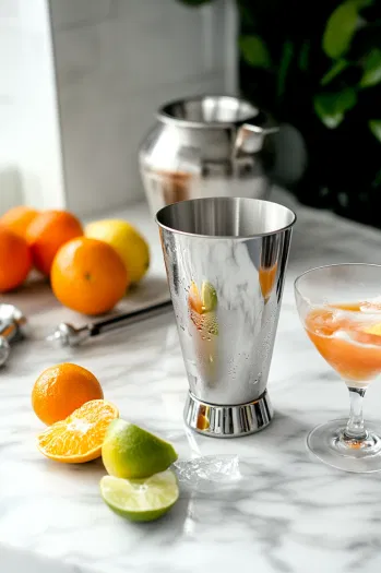 A cocktail shaker on the white marble cooktop with orange juice, lemon juice, lime juice, grenadine, and the egg being added, ready for a dry shake to mix thoroughly. A martini glass is set nearby.