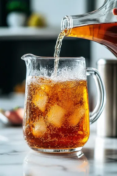 Sparkling apple cider being poured into the glass pitcher of chilled fruit punch on the white marble cooktop, creating a bubbly, festive drink