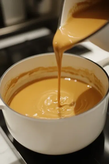 Heavy cream is poured into the smooth soup, bringing it to a gentle simmer in the pot on the white marble cooktop. The consistency is adjusted as needed by adding a bit of water or simmering longer for thickness