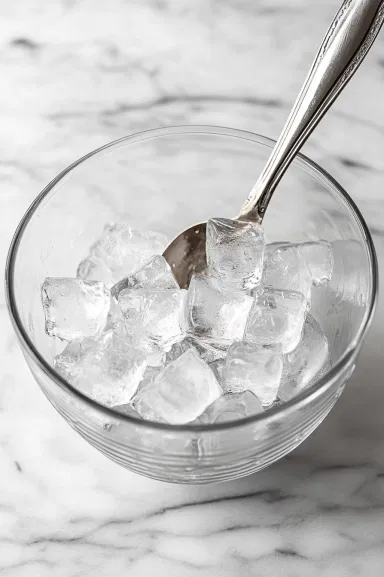 Ice cubes being added to the mixing glass on the white marble cooktop. A spoon stirs the Manhattan mixture, chilling it and blending the flavors evenly.