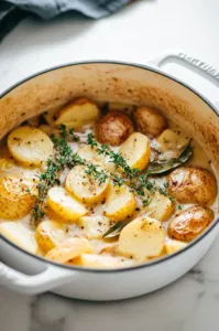 Diced Yukon Gold potatoes, chicken broth, bay leaves, thyme sprigs, salt, and black pepper are added to a pot on the white marble cooktop. The mixture is brought to a boil, then covered and lowered to a simmer, cooking for 15 minutes until the potatoes are tender.