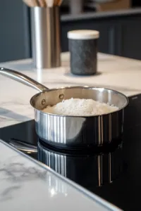 Uncooked white rice is being added to the saucepan on the white marble cooktop. The mixture is brought back to a boil, then covered and simmered until the rice is tender and the water is absorbed, about 20 minutes.