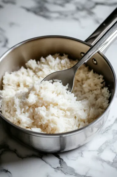 Whole milk, evaporated milk, and sweetened condensed milk are being stirred into the saucepan with tender rice on the white marble cooktop. The mixture is cooked uncovered over medium heat, thickening for about 15-20 minutes