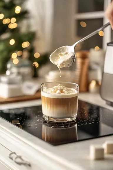 The whipped coffee mixture being spooned over the glass of milk and ice cubes on the white marble cooktop, creating a creamy, layered drink."