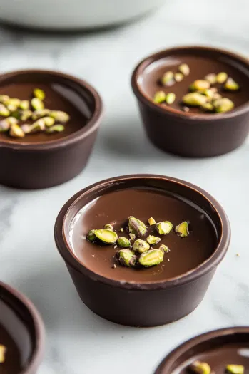 The set chocolate molds from the fridge on the white marble cooktop. The pistachio filling is divided evenly among the molds, pressed down gently to fill each cup.