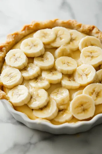 The assembled banana custard pie being placed in the preheated oven. It bakes for 12 to 15 minutes until the filling is set.