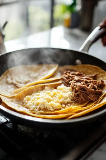 Corn tortillas are dipped in the top layer of fat from the broth on the white marble cooktop, then pan-fried in a hot skillet. Shredded meat and Oaxacan cheese are added to each tortilla, folded, and cooked until golden on both sides.