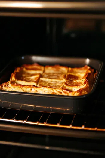 The baking pan in the oven at 325°F, baking for 1 hour and 15 minutes until the layers are golden and crisp