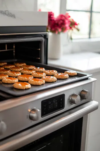 The tray of caramel-covered saltine crackers baking in the oven at 375°F for 5 minutes, turning golden brown.