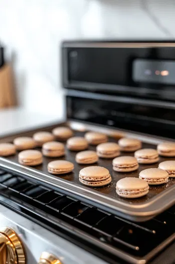 The tray of macaron batter in the oven at 300°F, baking for 12 minutes until set and lightly golden.