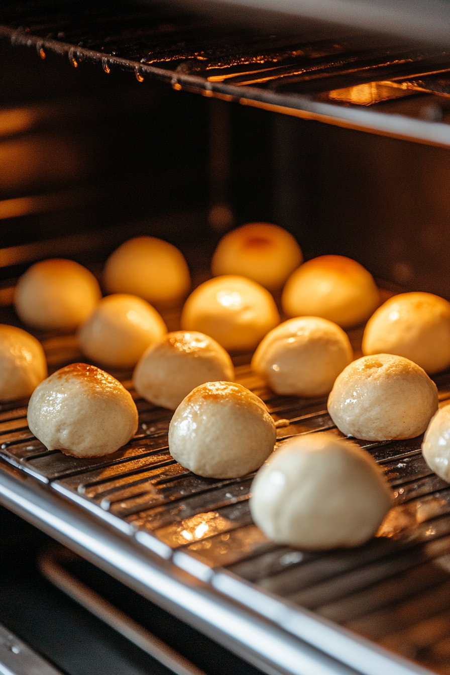 A close-up of dough squares on a white marble cooktop, each wrapped tightly around a piece of mozzarella to form seamless dough balls. The balls are placed seam-side down, ready for baking