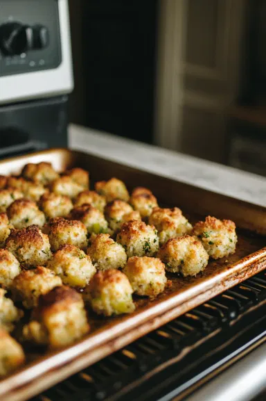 The baking sheet of stuffing balls is in the oven, turning golden and crisp after about 20 minutes. The baking sheet is positioned on the white marble cooktop, with the stuffing balls ready to be served warm.