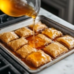 The cooled honey syrup being poured over the hot baklava on the white marble cooktop, allowing the syrup to soak into the flaky layers