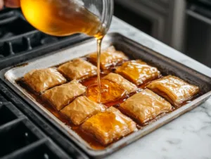 The cooled honey syrup being poured over the hot baklava on the white marble cooktop, allowing the syrup to soak into the flaky layers