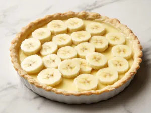 The assembled banana custard pie being placed in the preheated oven. It bakes for 12 to 15 minutes until the filling is set.