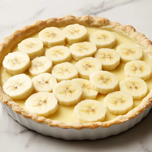 The assembled banana custard pie being placed in the preheated oven. It bakes for 12 to 15 minutes until the filling is set.