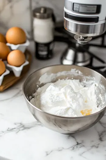 Egg whites being beaten in a mixer until fluffy, with a light, airy consistency, ready to incorporate the sugar for the macaron meringue