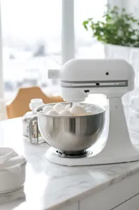 A stand mixer on the white marble cooktop shows egg whites being beaten on medium-low speed until frothy. The frothy egg whites are starting to form after about 1 minute of mixing.