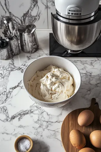 The icing is divided into small bowls on the white marble cooktop. Gel food coloring is added to each bowl, creating different colors for decorating.