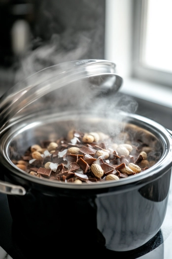 The crockpot on the white marble cooktop, covered with a lid as the almond bark and peanuts begin to melt. Gentle steam rises, hinting at the melting chocolate inside.