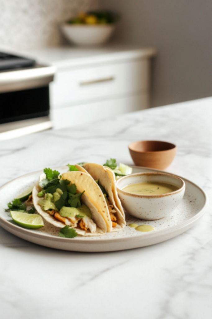 Assembled tacos on a plate on the white marble cooktop, garnished with the cilantro and lime mixture and served with a side of reserved broth for dipping. The tacos are fresh and flavorful, ready to enjoy."