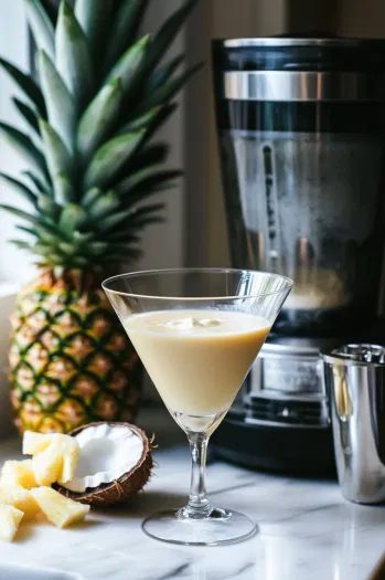 A blender on the white marble cooktop as pineapple juice, coconut cream, half-and-half, and 1/2 cup of crushed ice are blended until smooth, creating a creamy tropical base. A martini glass stands ready nearby.