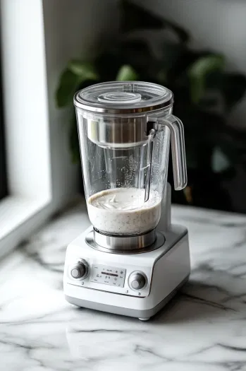 "The blender on the white marble cooktop as it blends the ingredients into a smooth and creamy consistency, with the mixture swirling inside.