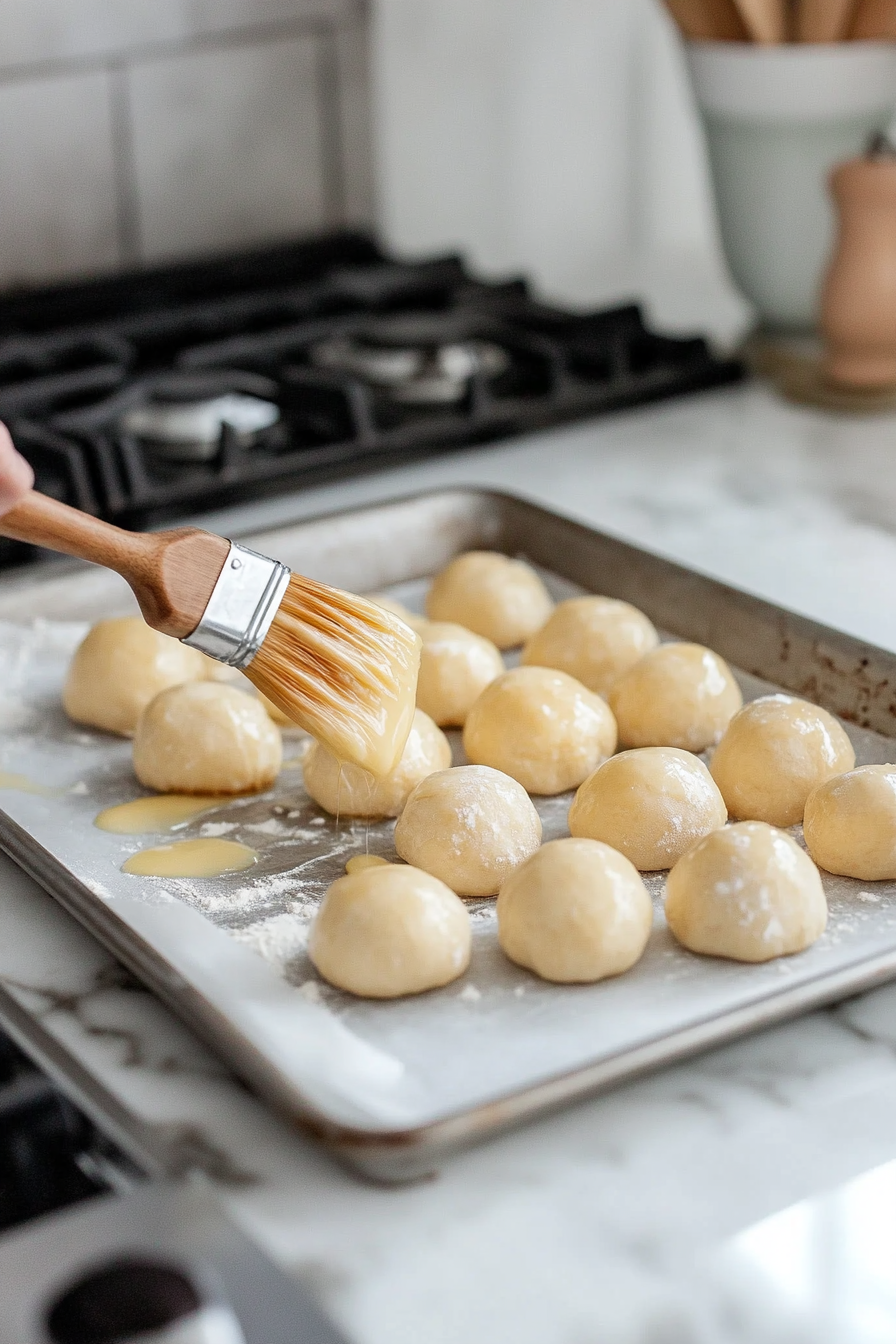 A floured surface on a white marble cooktop with pizza dough rolled into long rectangles. A rolling pin and evenly cut 2-inch dough squares are neatly arranged for assembly.