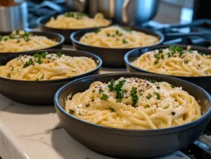 Creamy carbonara pasta is served in warm bowls on the white marble cooktop, garnished with extra Parmesan, black pepper, and parsley if desired. The pasta is ready to be enjoyed immediately.