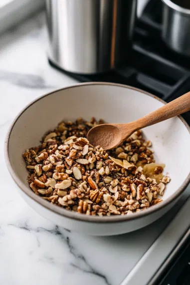 A bowl of finely chopped walnuts on the white marble cooktop, with a teaspoon of cinnamon being mixed in, creating a fragrant nut filling for the baklava