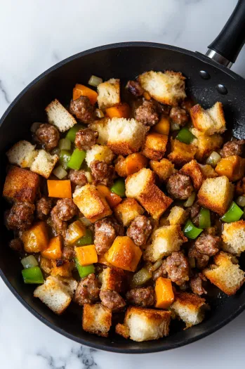 The skillet on the white marble cooktop as one-third of the bread cubes are added, stirred to coat with the butter and vegetable mixture, then transferred to the large mixing bowl with the cooked sausage.