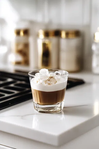 A mixing bowl on the white marble cooktop with hot water, sugar, and instant coffee powder added together, ready to be whisked into a fluffy coffee mixture.