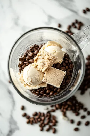 A blender on the white marble cooktop with coffee beans, whiskey, and coffee ice cream added, ready to be blended into a creamy mixture.