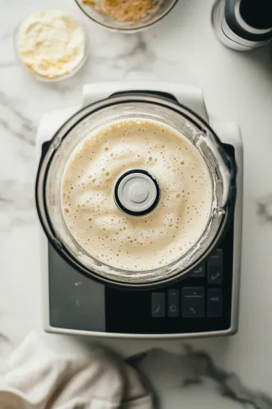 The blender on the white marble cooktop as it blends the ingredients into a smooth and creamy consistency, with the mixture swirling inside