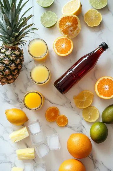 A collection of ingredients for fruit punch: 64-ounce bottle of orange juice, 46-ounce can of pineapple juice, freshly squeezed lemon juice, grenadine, and fruit slices for garnish, set on a white marble cooktop.